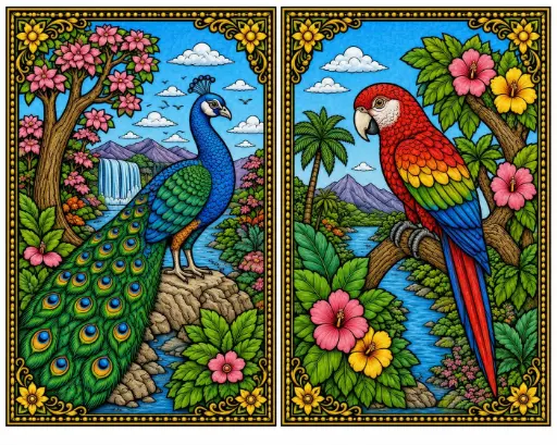 Peacock & Parrot Floral Canvas Painting Kit – Colorful Nature Artwork Set of 2